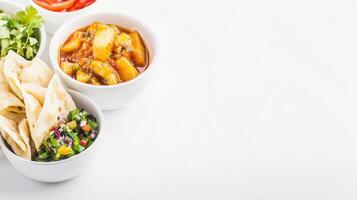 A white table with bowls of food and tortillas photo