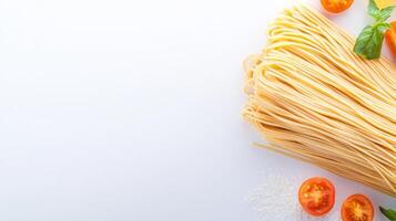 Spaghetti with tomatoes and basil on white background photo