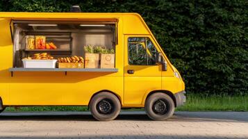 A yellow food truck with food on the side photo