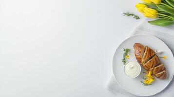 A plate with a croissant and yellow flowers photo