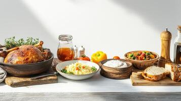 A table with a turkey, vegetables, bread and other food photo