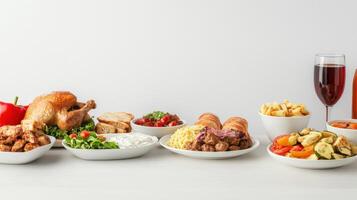 A long line of food and drinks on a white table photo