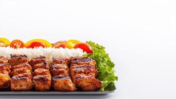 A tray of meat and vegetables on a white background photo