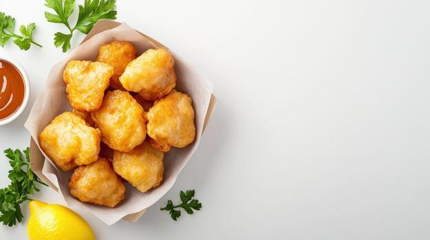 A bowl of fried chicken nuggets with ketchup and a lemon photo