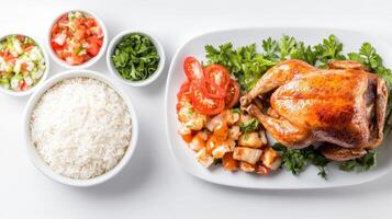 A plate with rice, vegetables and chicken photo