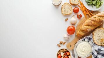 Bread, vegetables and other ingredients on a white table photo