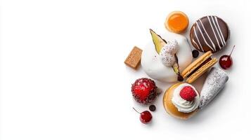 Assortment of desserts on white background photo