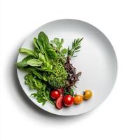 A plate with fresh vegetables and herbs on it photo