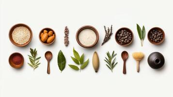 Various types of spices and herbs in bowls photo