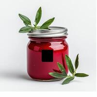 A jar of red jam with leaves on top photo