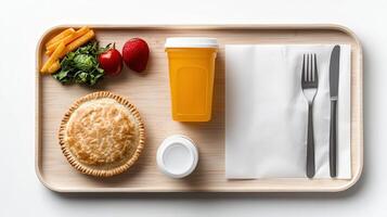 A tray with a pie, vegetables, and a drink photo