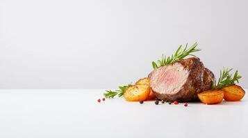 A piece of meat with vegetables on a white background photo