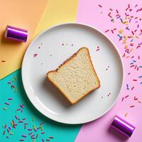 A slice of cake on a white plate with sprinkles photo