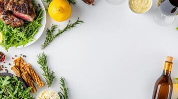 A white table with various foods and wine photo