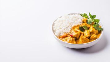 Chicken curry with rice and vegetables in a bowl on a white background photo