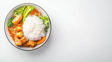 Thai curry with rice and vegetables in a bowl photo