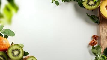 Fresh fruits and vegetables arranged on a wooden board photo