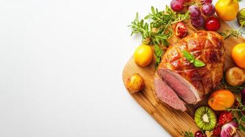 Roast beef with vegetables on a wooden cutting board photo