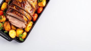 Roast pork roast with potatoes and tomatoes in a baking dish photo