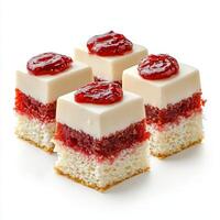 Four squares of cake with cream and strawberry jam photo