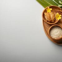Top view of thai food with rice and flowers on white background photo