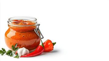 A jar of sauce with peppers and herbs photo