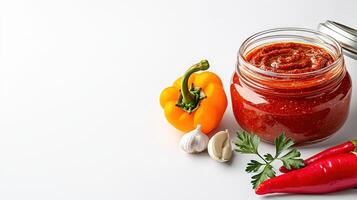A jar of sauce with peppers, garlic and herbs photo