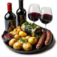 A plate with potatoes, sausage, and wine photo