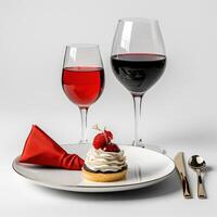 A plate with a dessert and wine glass photo