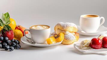 A table with two cups of coffee and a plate of fruit photo