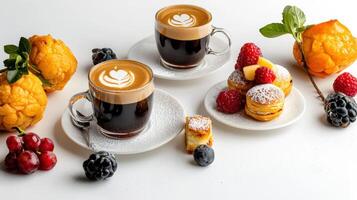 Two cups of coffee and fruit on a white table photo