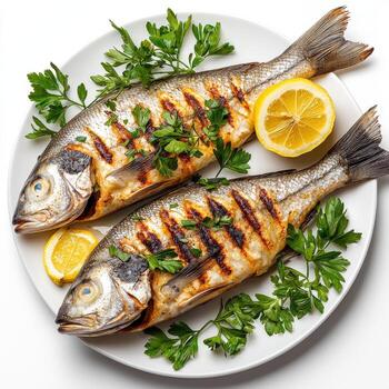 Grilled fish on a plate with lemon and parsley photo
