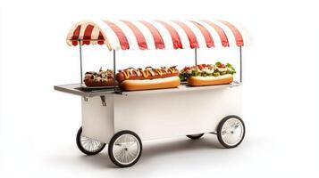 A hot dog cart with a red and white awning photo