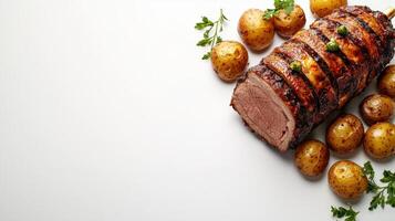 A piece of meat with potatoes and parsley photo