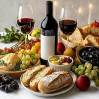 A table with a bottle of wine, bread, grapes, and fruit photo