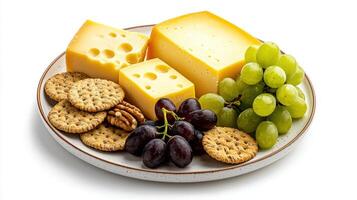 A plate of cheese, grapes, crackers and nuts photo