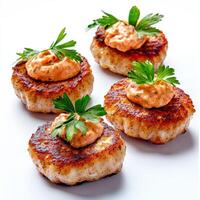 Four small crab cakes with a sauce on top photo