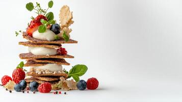 A stack of pancakes with berries and cream photo