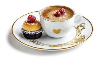A cup of coffee and a cupcake on a saucer photo