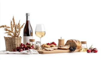 Wine and bread with grapes and bread on a wooden board photo