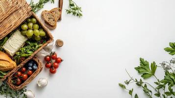 A basket with vegetables and bread on a white background photo