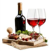 Wine and cheese on a wooden board with berries photo