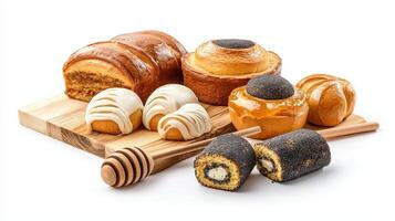 Various types of pastries on a wooden board photo