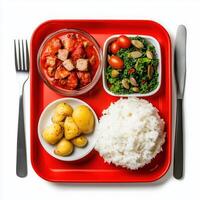 A red tray with rice, potatoes, and vegetables photo