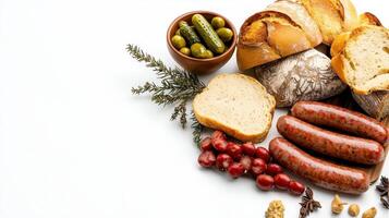 Various types of meat and bread on a white background photo