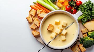 Cheese fondue with vegetables and bread photo