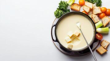 Cheese fondue with bread and vegetables photo