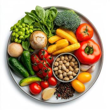 A plate with various vegetables and fruits on it photo