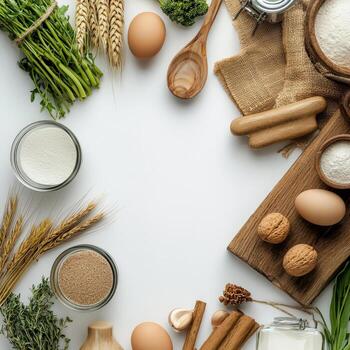 A variety of ingredients are arranged around a table photo