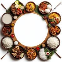 A circular frame with many different types of food photo